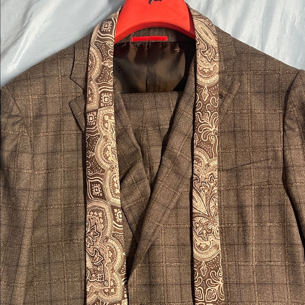 Isaia Brown Windowpane Plaid Suit